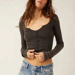 NEW Free People Eyes On You Top Small Black Cotton Long Sleeve Cropped ERK532 Sm